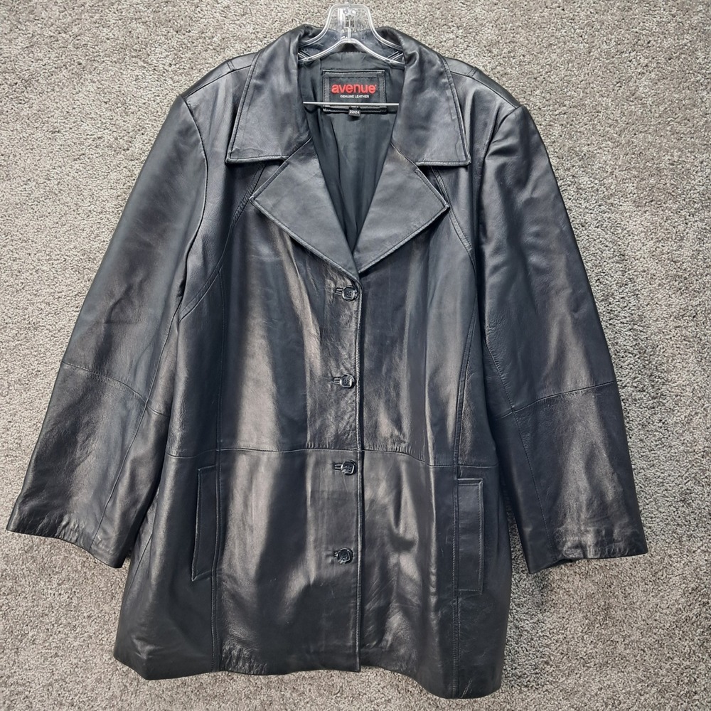 Avenue Womens Black Genuine Leather Button Front Trench Coat Jacket Plus 22/24